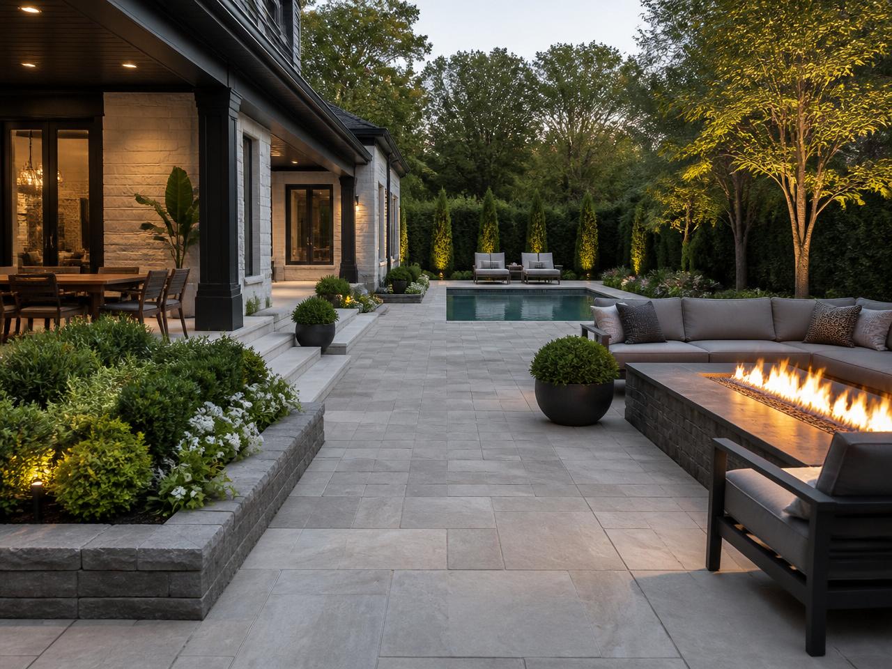 Luxury patio with firepit and pool